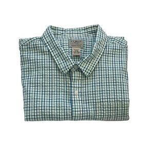 LL Bean Slightly Fitted Cotton Green/Blue Gingham Short Sleeve Button Down Shirt